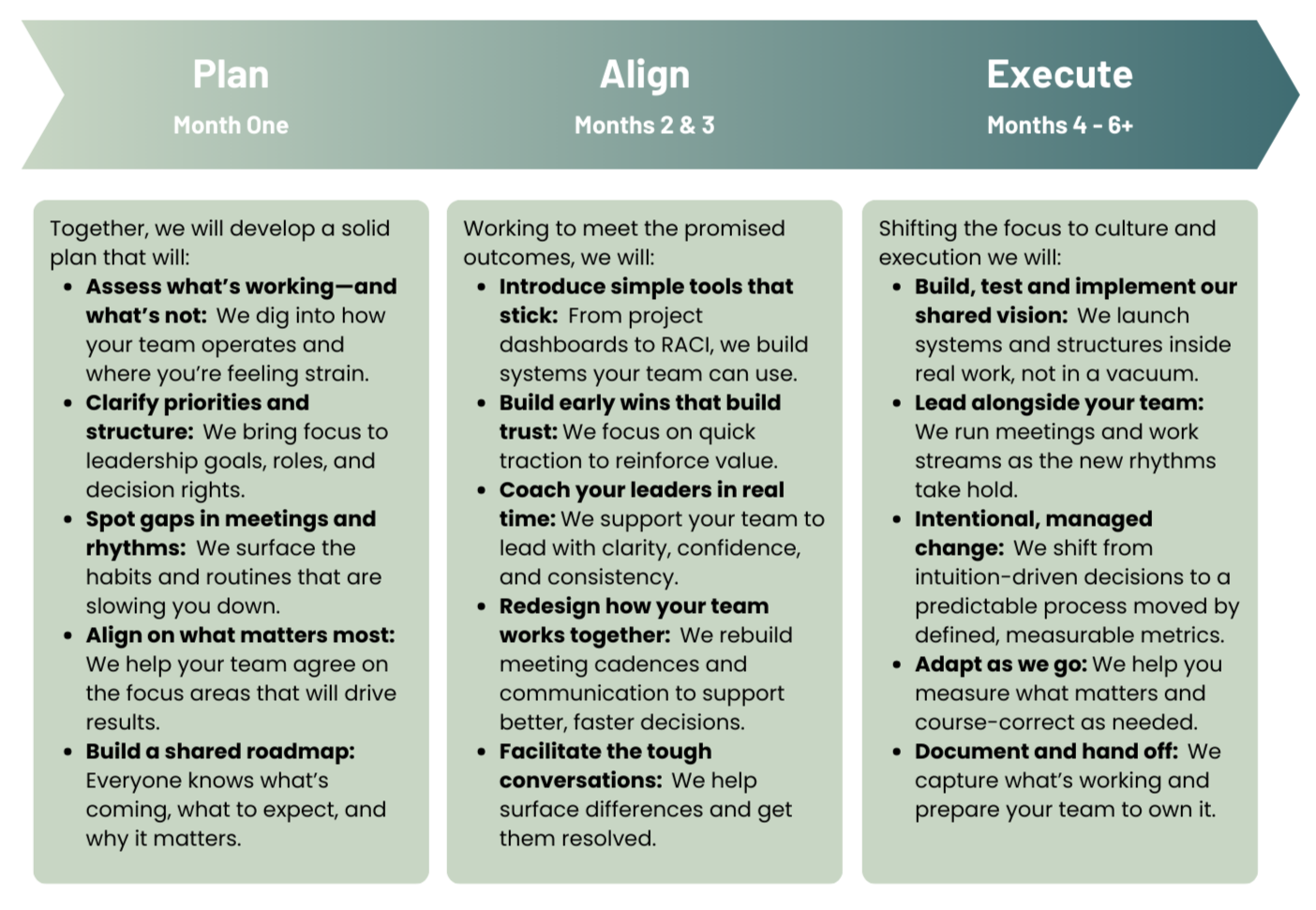 Timeline To Trust A visual timeline summarizing the first 3-6 months of work with The Alignment Company.